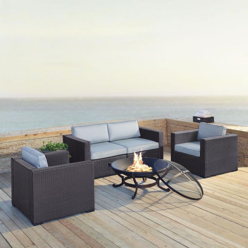 Biscayne 5Pc Outdoor Wicker Sectional Set W/Fire Pit Mist/Brown - 2 Armchairs, 2 Corner Chair, Ashland Firepit