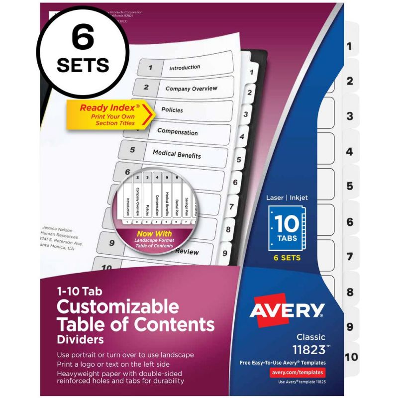 Avery® Ready Index 10-Tab Custom Toc Dividers - 60 X Divider(S) - 1-10, Table Of Contents - 10 Tab(S)/Set - 8.5" Divider Width X 11" Divider Length - 3 Hole Punched - White Paper Divider - White p