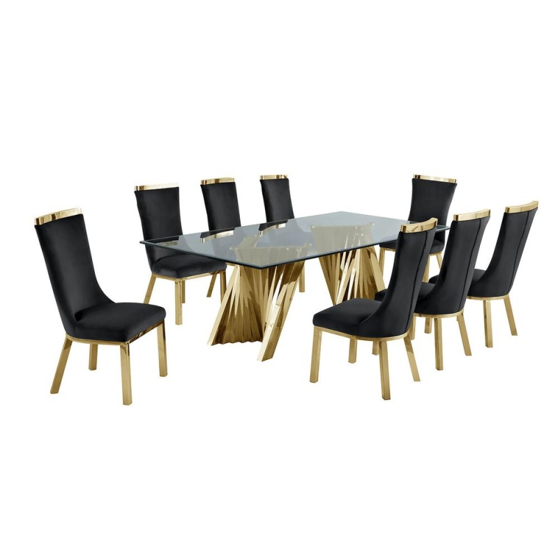 9Pc Dining Set- Recatngle Glass Table With Gold Color Base And Black Velvet Chairs