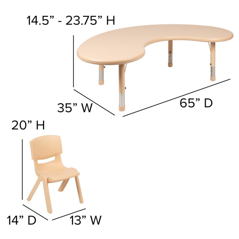 35"W X 65"L Half-Moon Natural Plastic Height Adjustable Activity Table Set With 4 Chairs