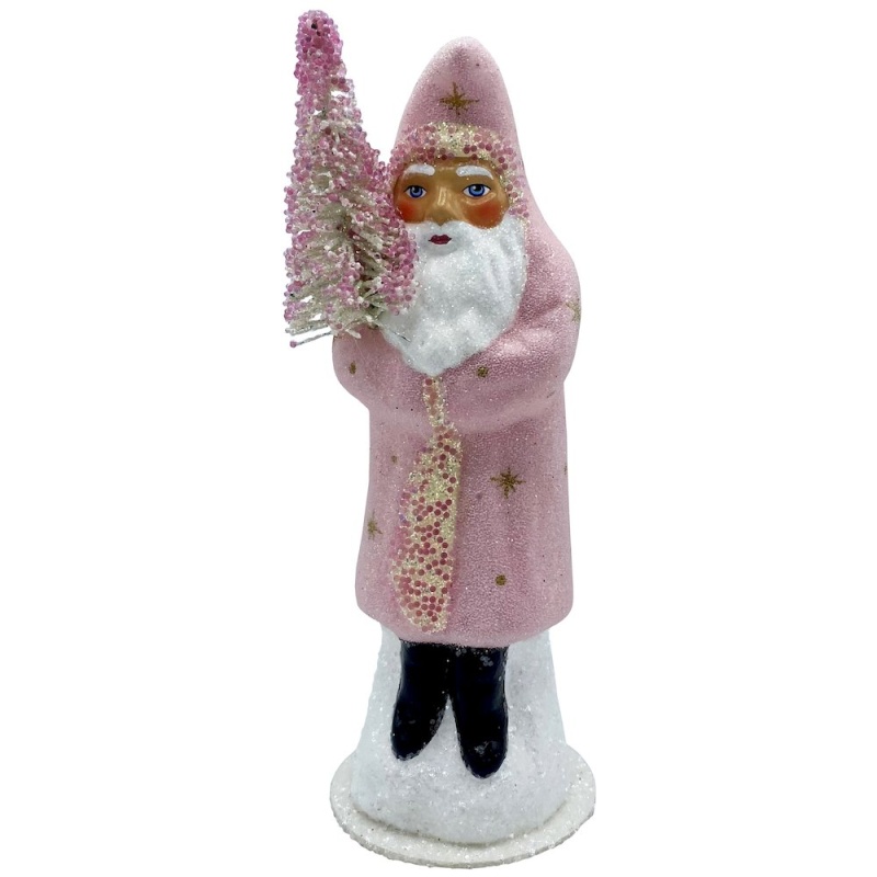 Paper Mache Candy Container - Beaded Rose Santa With Gold Stars And Rose Tree