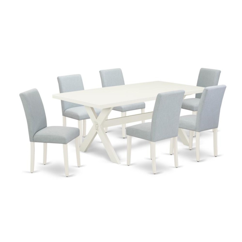 East West Furniture 7-Pc Dining Room Table Set Includes 6 Dining Chairs With Upholstered Seat And High Back And A Rectangular Table - Linen White Finish