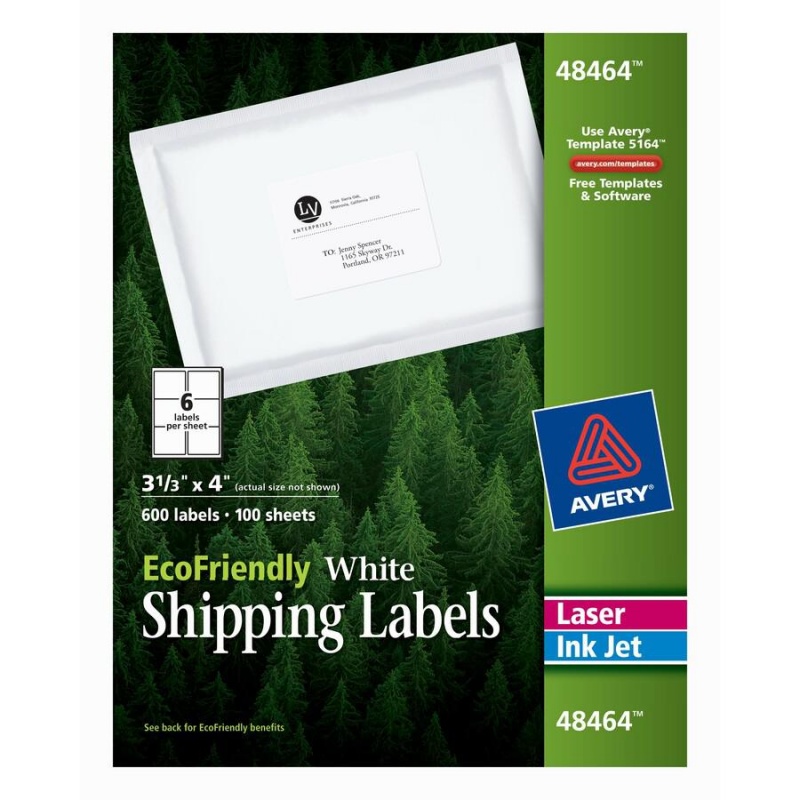 Avery® Ecofriendly Shipping Labels, Permanent Adhesive, 3-1/3" X 4" , 600 Labels (48464) - 3 21/64" Width X 4" Length - Permanent Adhesive - Rectangle - Laser, Inkjet - White - Paper - 6 / Sheet -