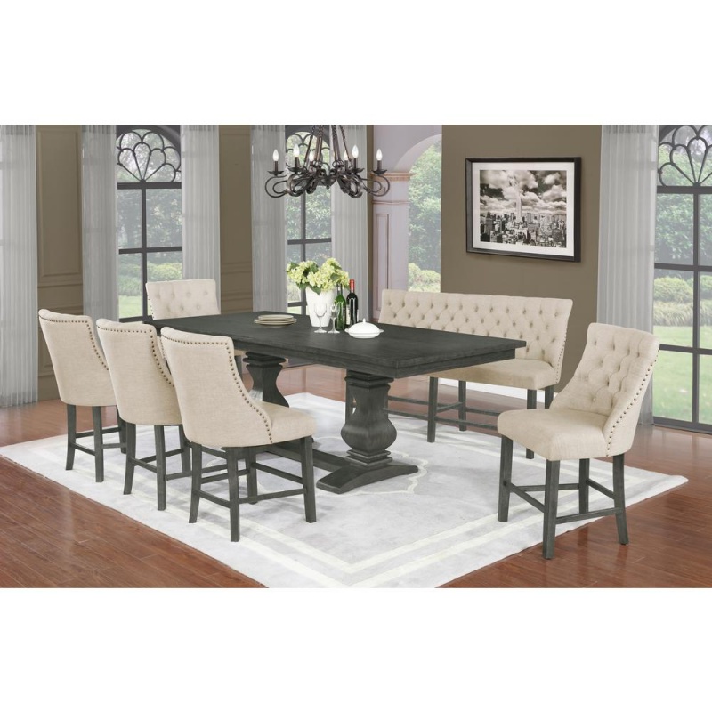 7Pc Counter Height Dining Set, 5 Chairs & 1 Bench, Table W/ 18" Center Leaf In Dark Grey Mahogany