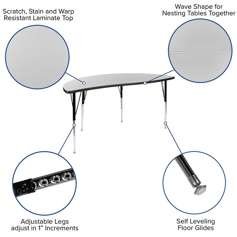 60" Half Circle Wave Collaborative Grey Thermal Laminate Activity Table - Standard Height Adjustable Legs