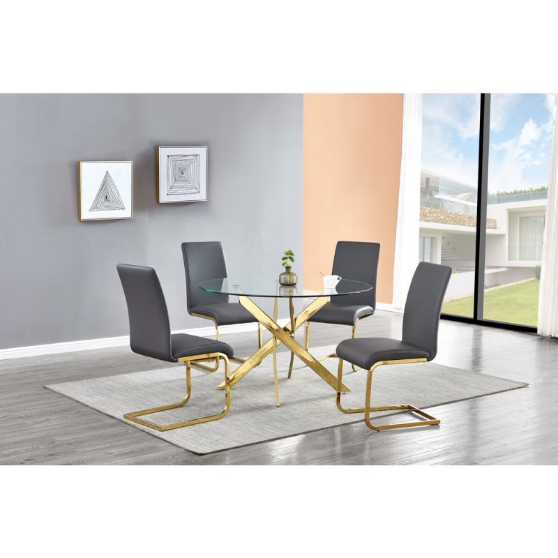 Alison 5-Piece Modern Glass Top Dinette Set In Gray/Gold