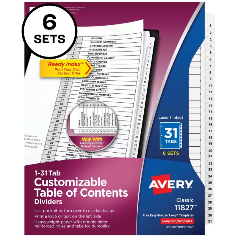 Avery® 1-31 Custom Table Of Contents Dividers - 186 X Divider(S) - 1-31, Table Of Contents - 31 Tab(S)/Set - 8.5" Divider Width X 11" Divider Length - 3 Hole Punched - White Paper Divider - White