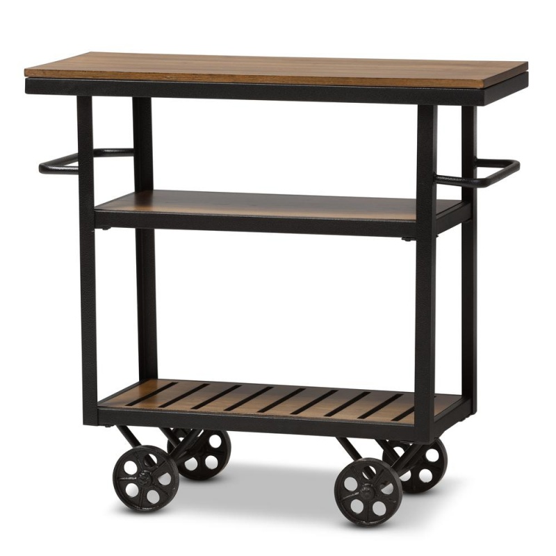 Kennedy Black Textured Finished Metal Distressed Wood Mobile Serving Cart