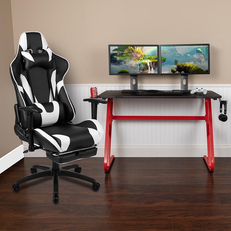 Red Gaming Desk And Black Footrest Reclining Gaming Chair Set With Cup Holder And Headphone Hook