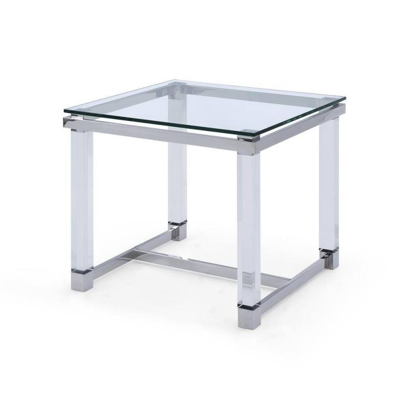 Brianna Side Table, 10 Mm Tempered Clear Glass Top, Polished Stainless Steel Frame, Acrylic Legs