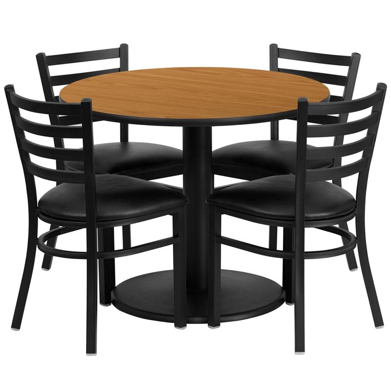 36'' Natural Table Set With Base And 4 Metal Chairs - Black Vinyl Seat