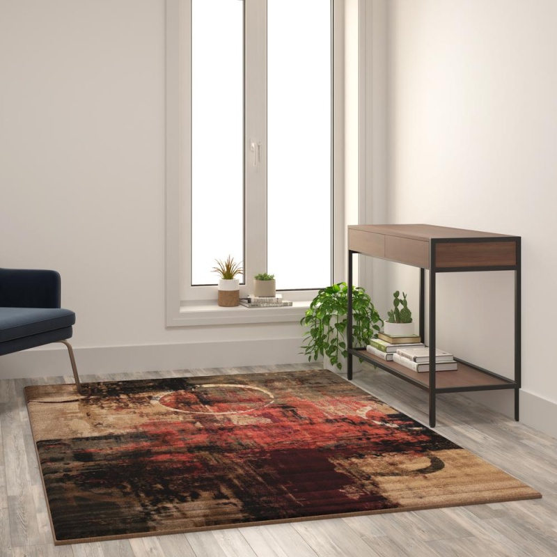 Caldor Collection Abstract 5' X 7' Warm Beige, Green, And Red Olefin Area Rug With Jute Backing, Living Room, Bedroom