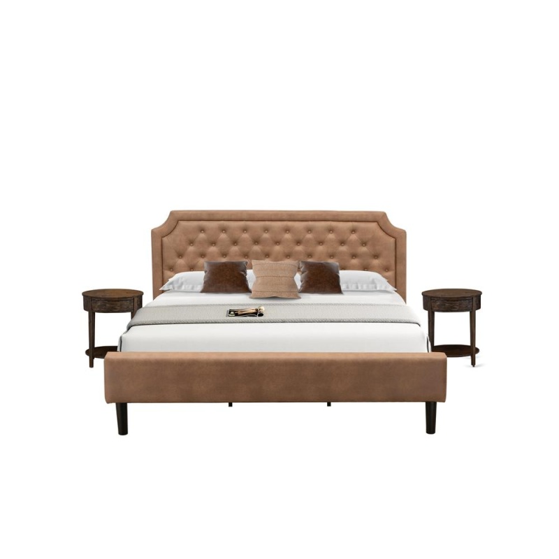 Gb28k-2Hi07 3-Pc Granbury Bed Set With A King Bed And 2 Distressed Jacobean Small Nightstands - Brown Faux Leather And Black Legs