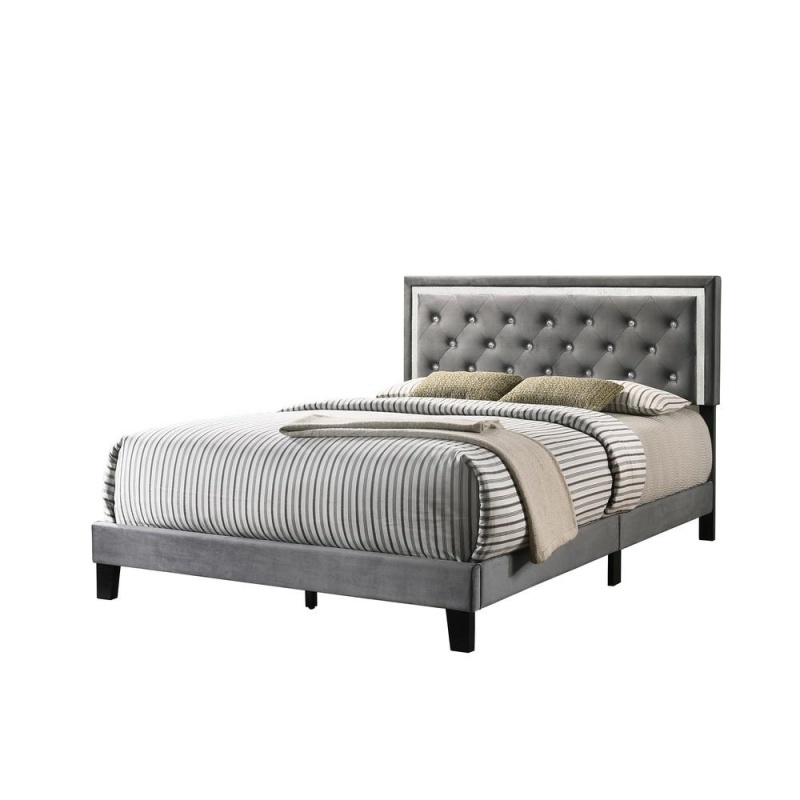 Dark Grey Velvet Uph. Panel Bed With Accents - Queen