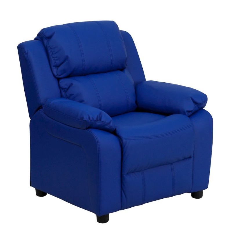 Deluxe Padded Contemporary Blue Vinyl Kids Recliner With Storage Arms