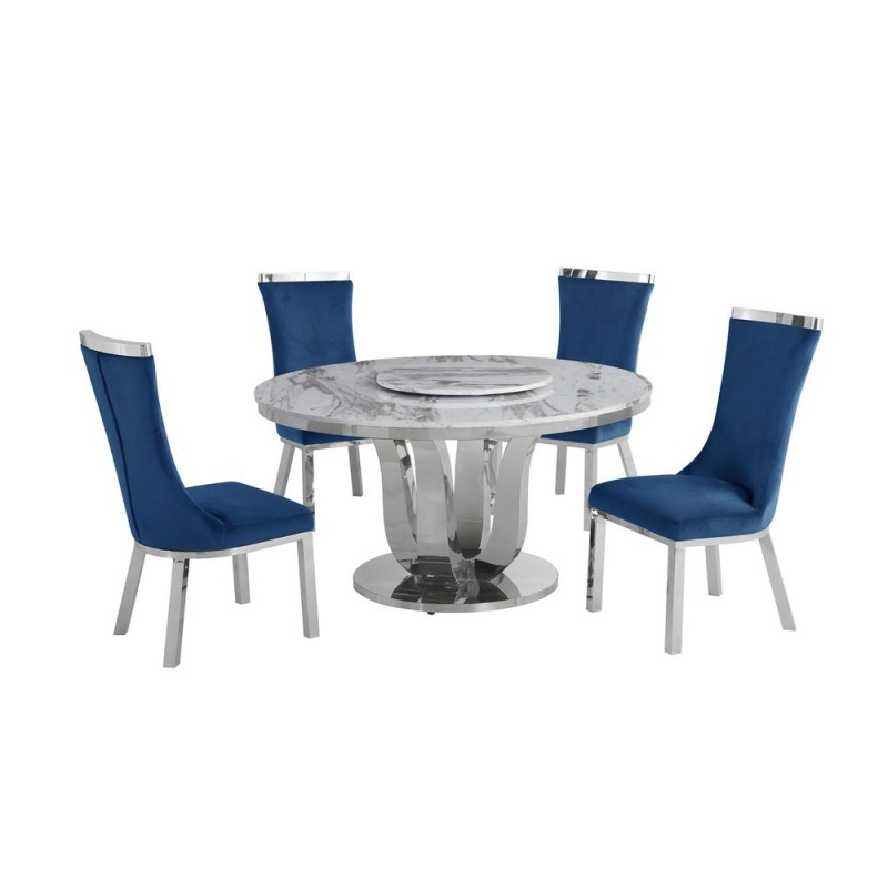 6Pc Dining Set- Round Table With Lazy Susan And 4 Upholstered Dining Chairs
