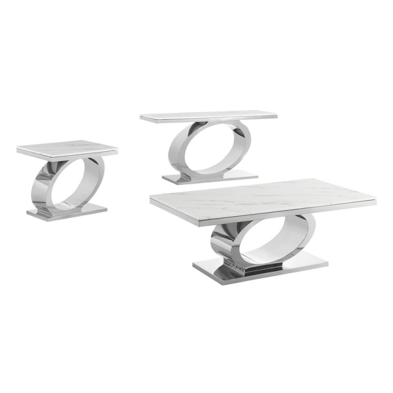 3Pc White Marble Coffee Table Set With Silver Base
