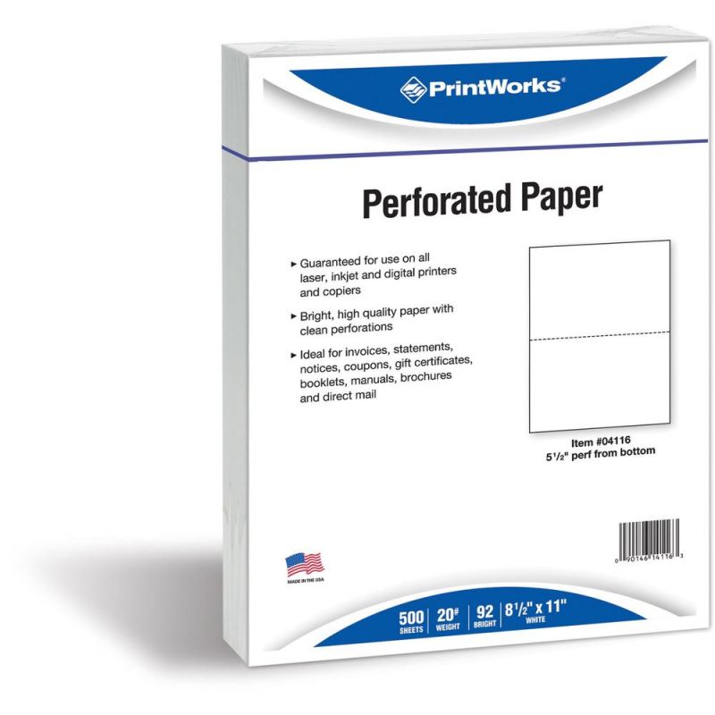 Printworks Professional Pre-Perforated Paper For Statements, Tax Forms, Bulletins, Planners & More - Letter - 8 1/2" X 11" - 20 Lb Basis Weight - 500 / Ream - Perforated