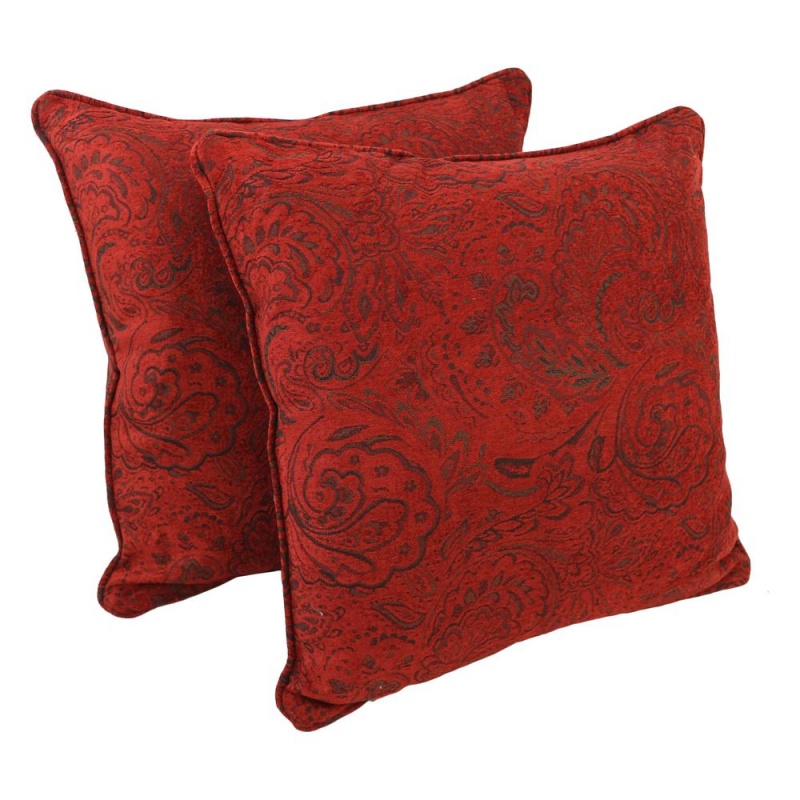 25-Inch Double-Corded Patterned Jacquard Chenille Square Floor Pillows With Inserts (Set of 2), Scrolled Floral Red