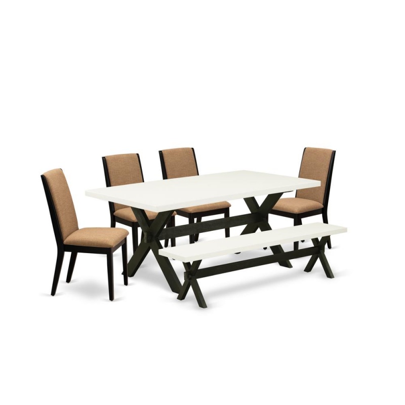 East West Furniture X627la147-6 6-Piece Fashionable Dining Set A Good Linen White Dining Table Top And Linen White Wood Bench And 4 Awesome Linen Fabric Dining Chairs With Stylish Chair Back, Wire Bru