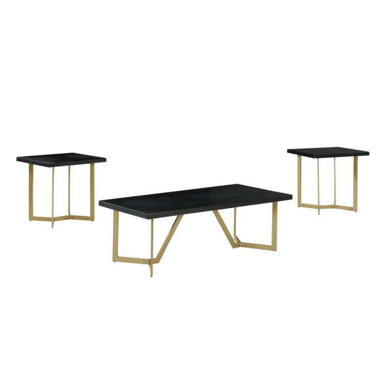 3Pc Black Wood Top Coffee Table Set