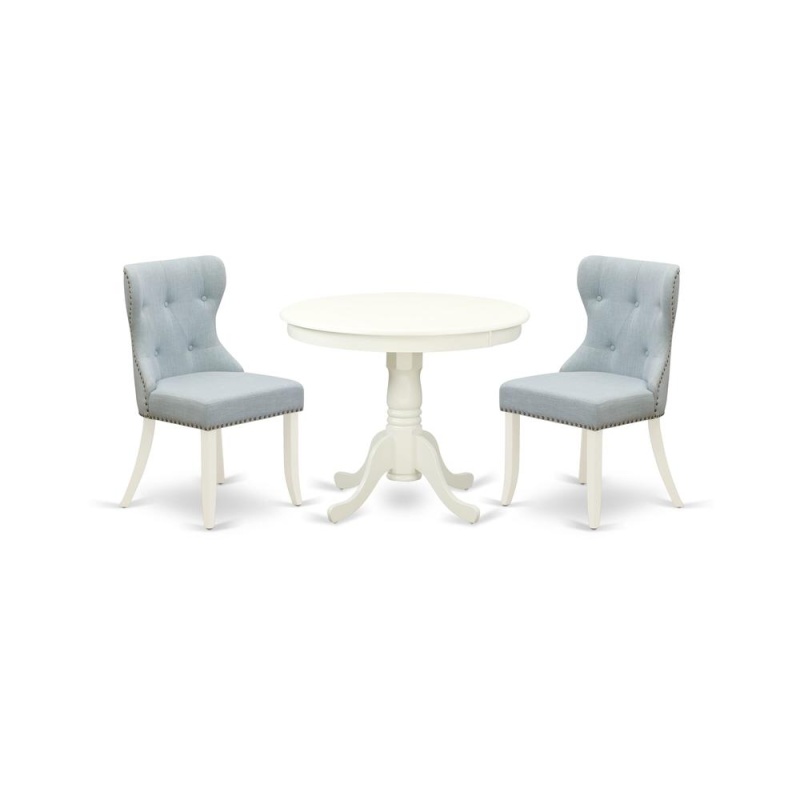 Ansi3-Lwh-15 - A Dining Set Of 2 Fantastic Indoor Dining Chairs With Linen Fabric Baby Blue Color And A Gorgeous 36-Inch Antique Modern Dining Table With Linen White Color