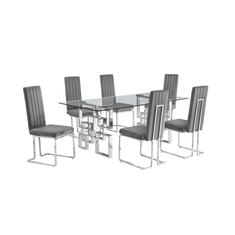 7-Piece Glam Dining Set With 6 Dark Grey Chairs And One 79" Glass Table