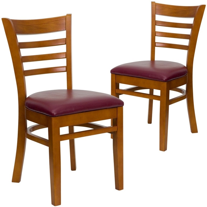 2 Pk. Cherry Finished Ladder Back Wooden Restaurant Chairs with Burgundy Vinyl Seats
