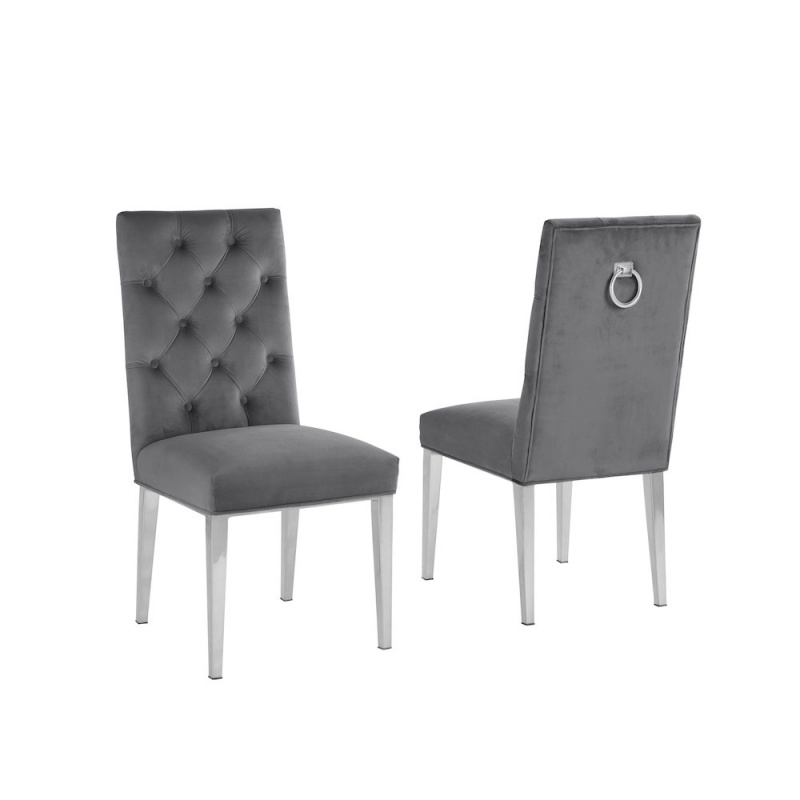 Dark Gray Velvet Tufted Dining Side Chairs, Chrome - Set Of 2