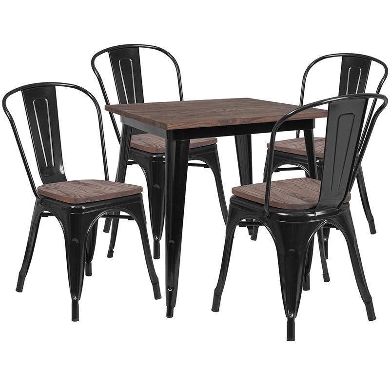 1.5" Square Black Metal Table Set With Wood Top and 4 Stack Chairs