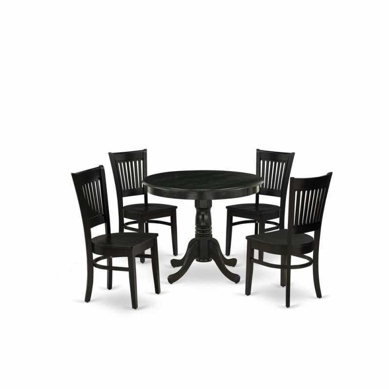 East West Furniture 5-Pc Dining Room Table Set- 4 Dining Room Chairs And Dining Room Table - Wooden Seat And Slatted Chair Back (Black Finish)