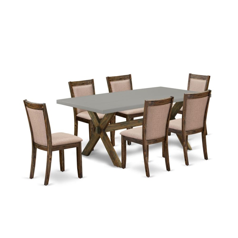 East West Furniture 7 Piece Contemporary Dining Table Set - A Cement Top Breakfast Table With Trestle Base And 6 Dark Khaki Linen Fabric Wood Dining Chairs - Distressed Jacobean Finish