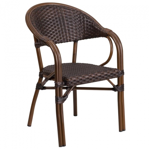 O Dark Brown Rattan Restaurant Patio Chair with Red Bamboo-Aluminum Frame