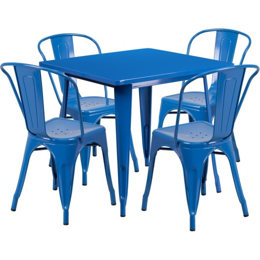 31.5" Square Blue Metal Indoor-Outdoor Table Set With 4 Stack Chairs