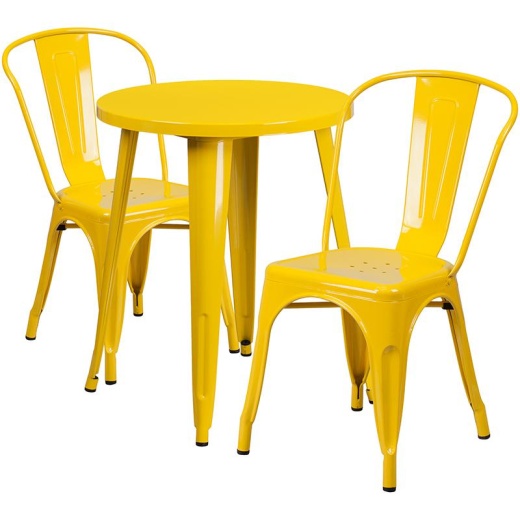 24" Round Yellow Metal Indoor-Outdoor Table Set with 2 Cafe Chairs