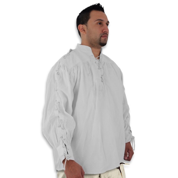 Collarless Laced Neck and Sleeves Cotton Shirt: White, Medium