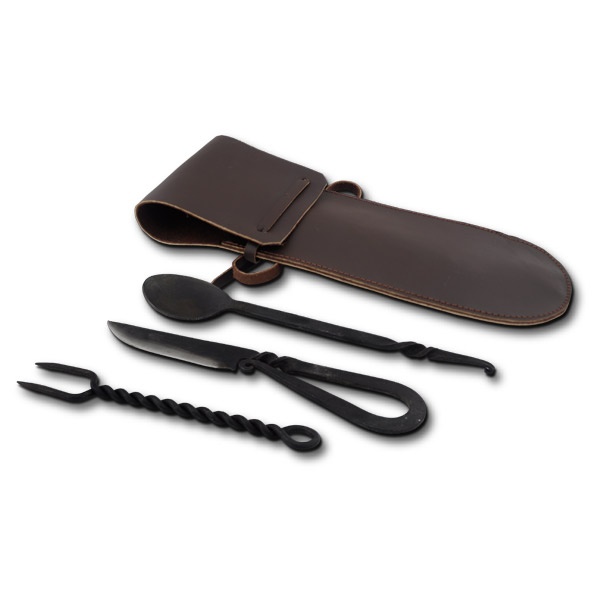 Spoon, Fork, Knife with Leather Pouch: Blackened, Stainless Utensils
