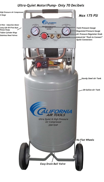 California Air Tools Ultra Quiet, Oil-Free and High Pressure 20015HP Air Compressor w/ EZ-1-2321 Auto Drain Valve Factory Installed