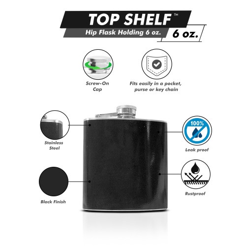 Hip Flask Holding 6 Oz - Pocket Size, Stainless Steel, Rustproof, Screw-On Cap - Black Finish
