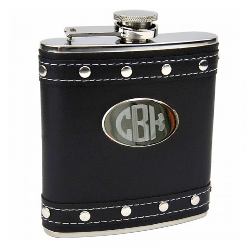 Silver Stud Black Faux Leather Hip Flask, Custom Engraved
