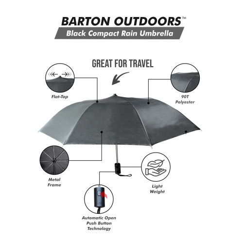 Compact Umbrella - Black - Great For Travel - Lightweight - 41" Canopy- 20.5" Long When Open- Push Button Auto - Polyester - Flat Top