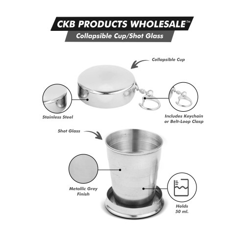 Collapsible Cup/Shot Glass - All Stainless Steel - Holds 1 Oz./50 Ml - Closes Flat - Includes Keychain Or Belt-Loop Clasp