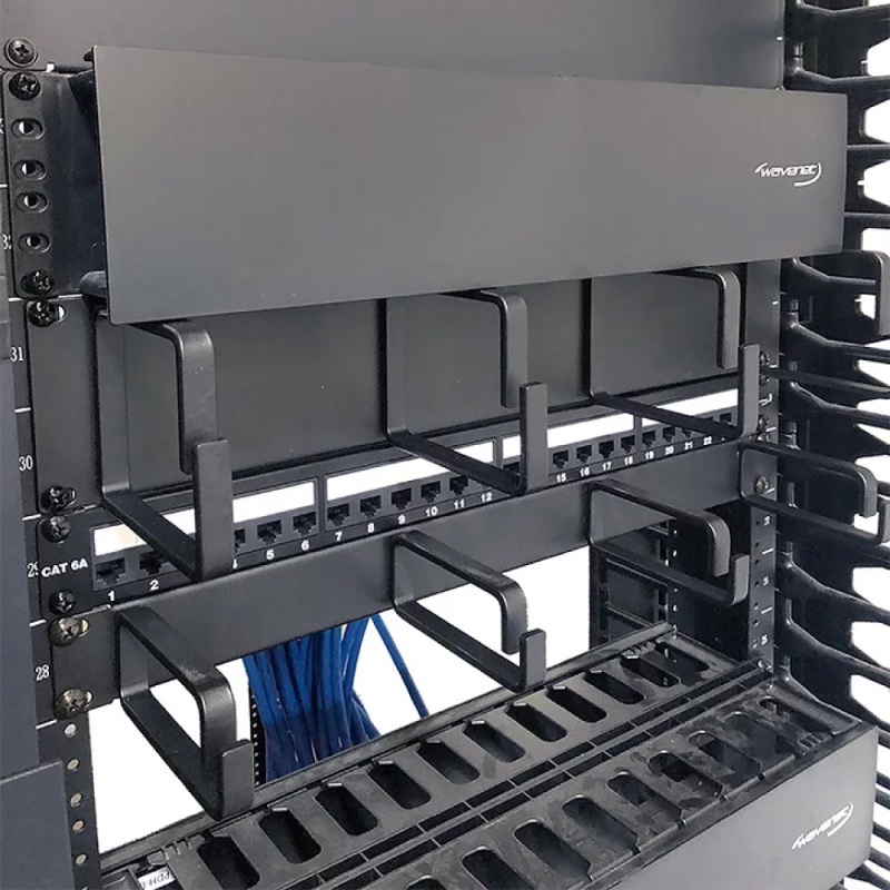 Wavenet – 1U 19" Cable Management Panel, 4 D-Ring Cable Manager Organizer For Bracket, Cabinet, Or Rack Mountable, Steel – Black