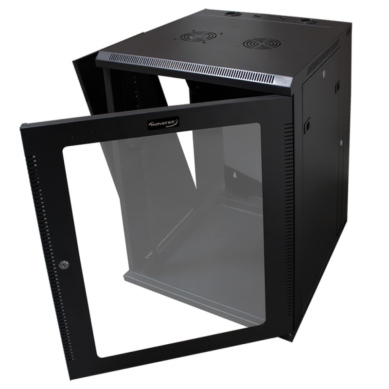 Wavenet - 18U Server Wall Mount Cabinet, 24-Inch Depth, Swing-Out Double Section Network Enclosure With Locking Tempered Glass Door - Black