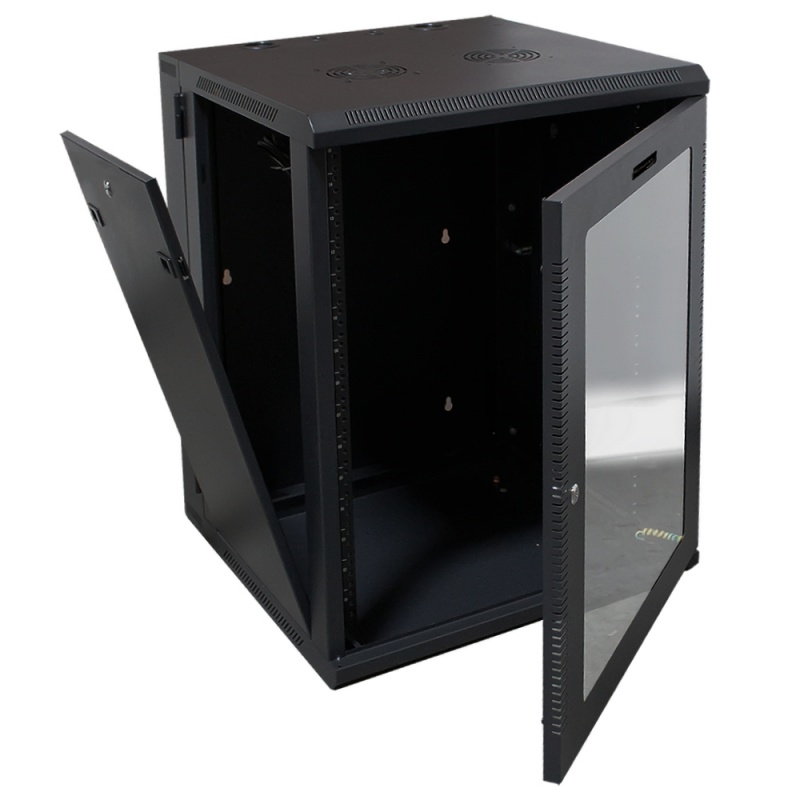 Wavenet - 15U Server Wall Mount Cabinet, 24-Inch Depth, Swing-Out Network Enclosure With Locking Tempered Glass Door - Black