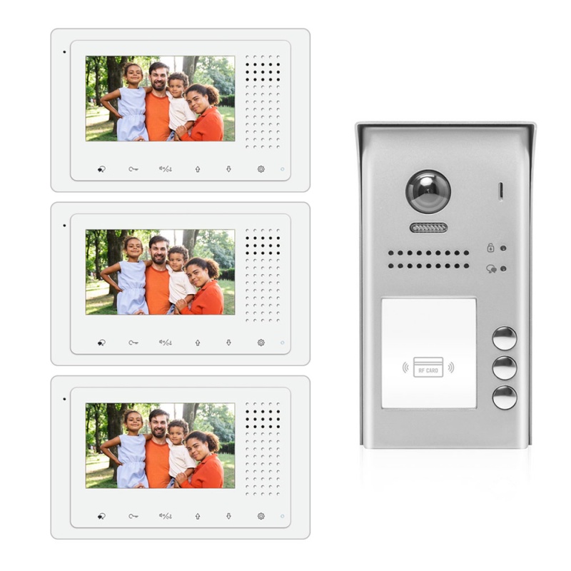 Intercom System For Apartment | 3 Apartment Video Doorbell | 2 Wire Buzzer System, 3 Monitors 4.3" - Dk43331s/Id