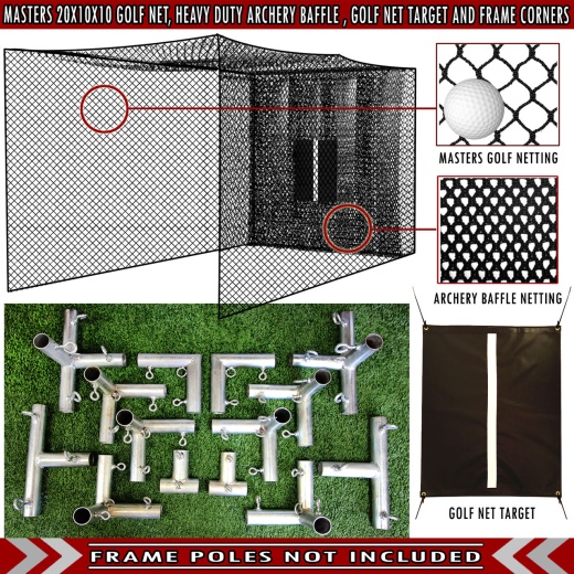 Masters Golf Net , Golf Net, Baffle & Target With Frame Corner Kit, 20' X 10' X 10'