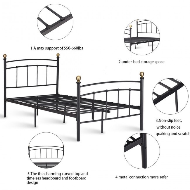 12 Inch Twin Size Metal Bed Frame With Metal Slat Support Color Brown