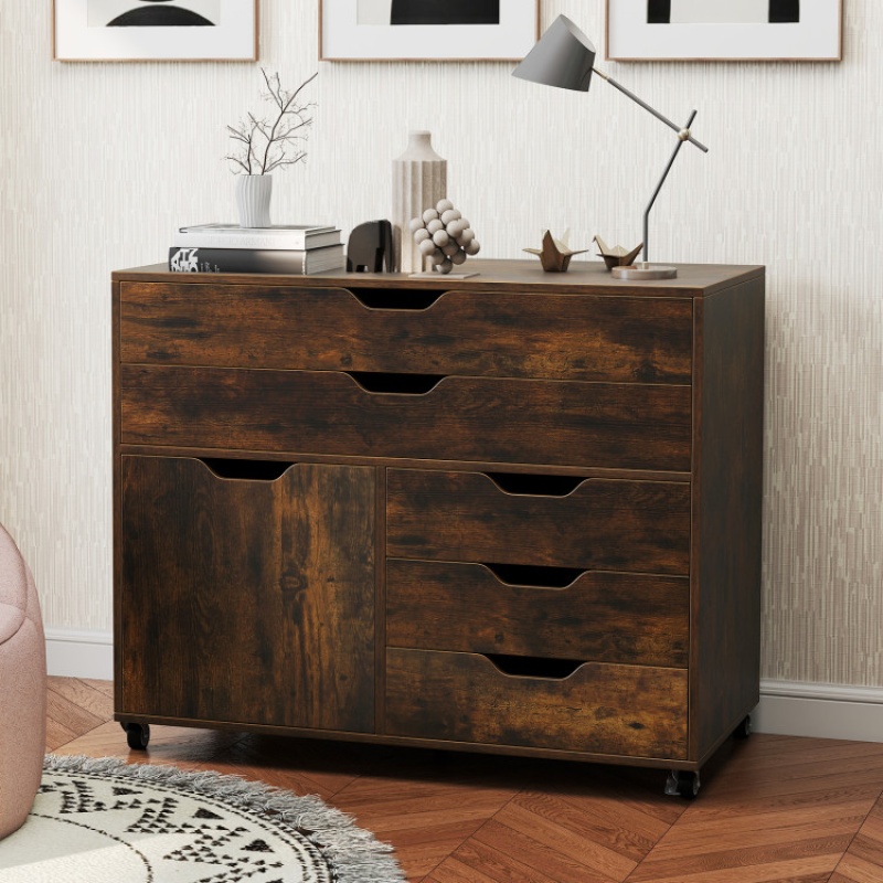 Modern Vertical 5-Drawer Mobile Chest With Door 5 Casters-Brown