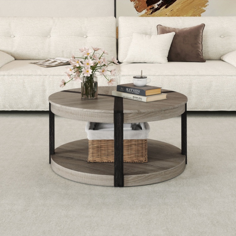 34.5" Rubber Wood 2-Tier Round Center Table With Spacious Tabletop And Storage Shelf-Gray